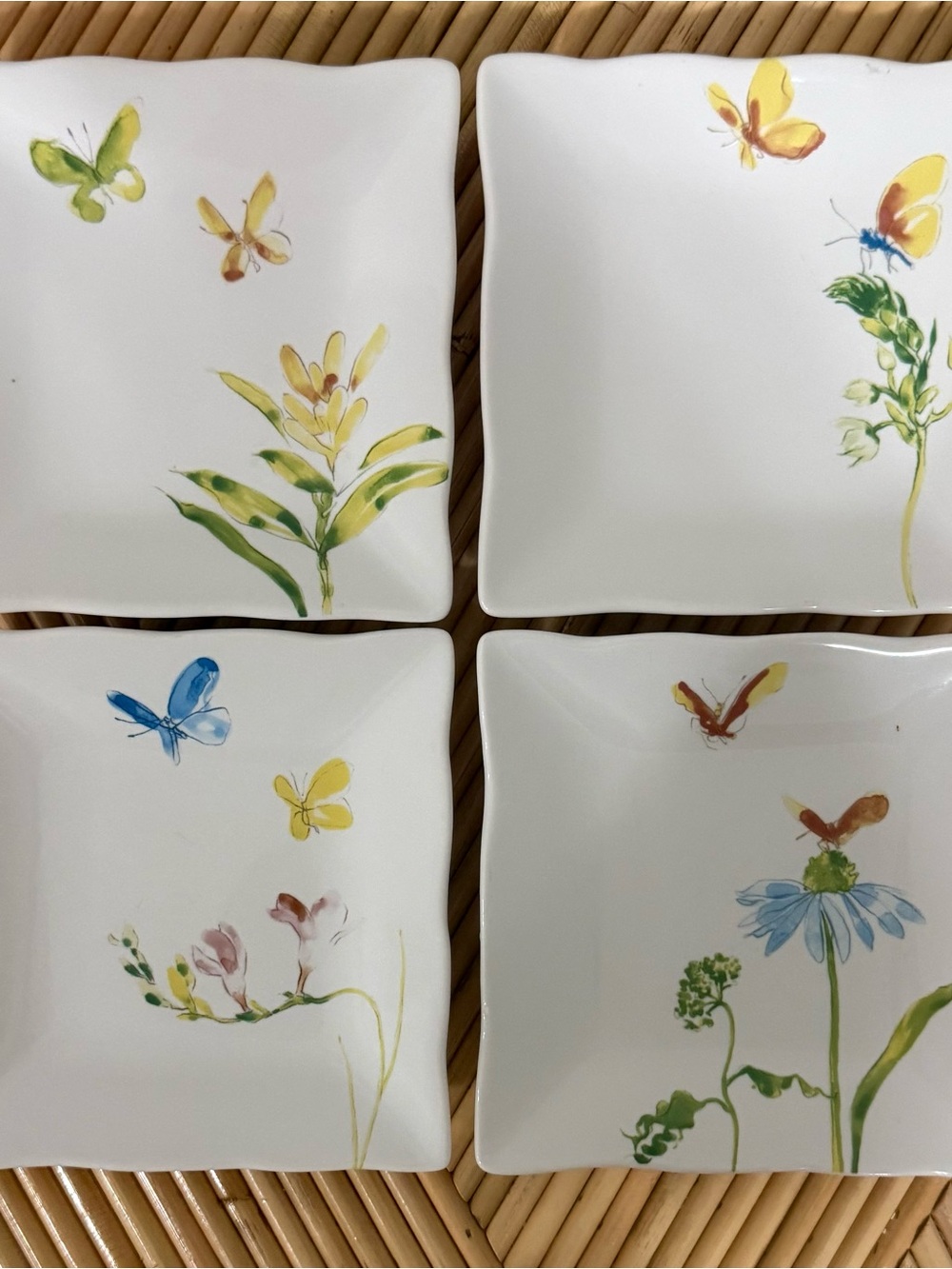 Set of 4 222 Fifth BUTTERFLY FLIGHT Porcelain Square Appetizer/Dessert Plates